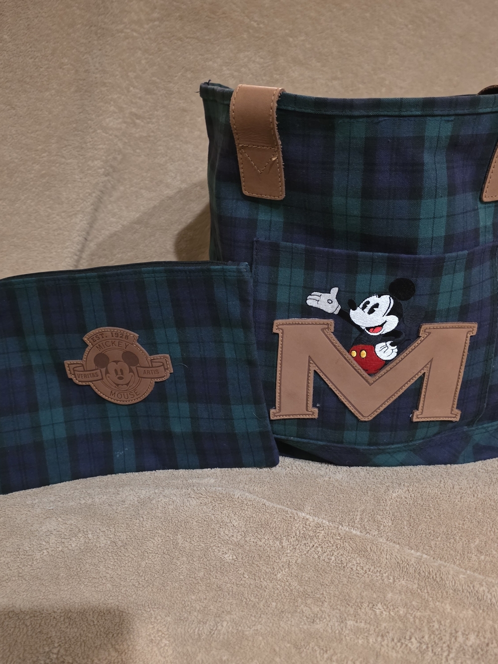 Vintage Green & Navy Tartan Plaid Mickey Mouse Tote Bag with Pouch Disney Store